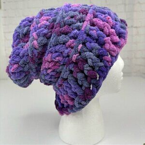 Handmade‎ Purple Variegated Chunky Knit Slouchy Beanie Chenille Winter Hat NEW
